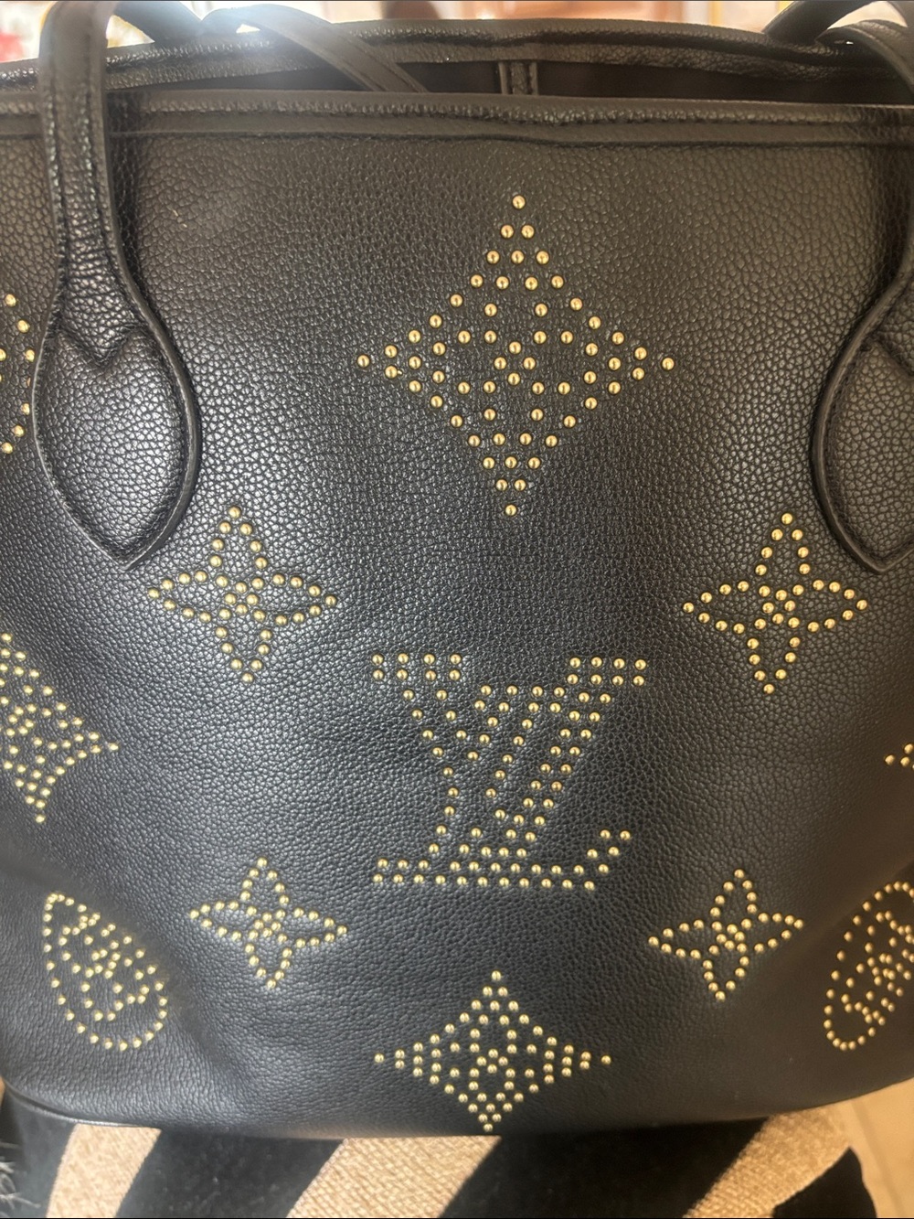 Black Perforated  fashion Monogram Studded Tote - Picture 10 of 11